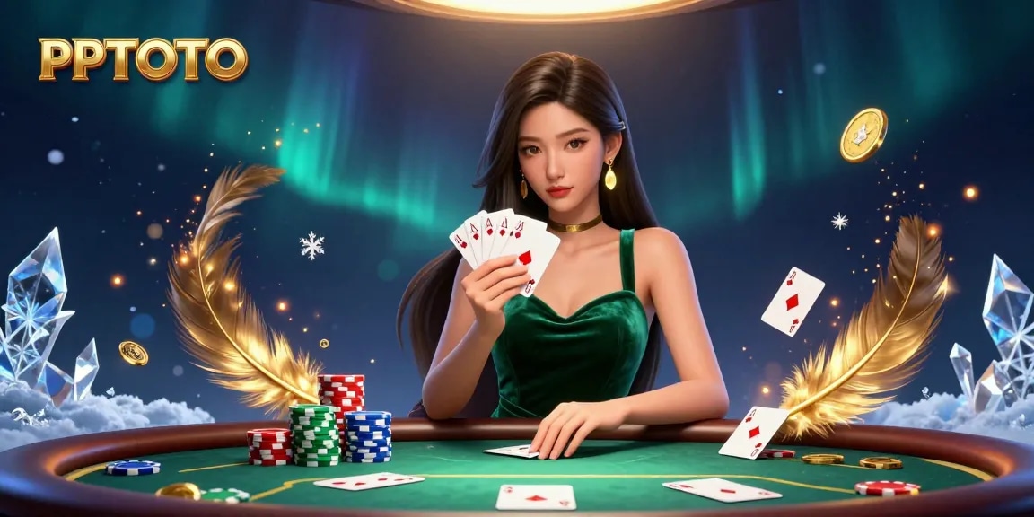 Suasana poker PPTOTO menampilkan seorang wanita cantik di meja mewah, memegang kartu dikelilingi oleh aksi.