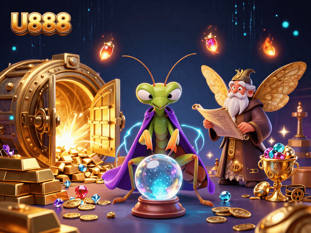 U888 showcases a vibrant cartoon scene with fortune tellers amidst gold and gems, enhancing casino excitement.