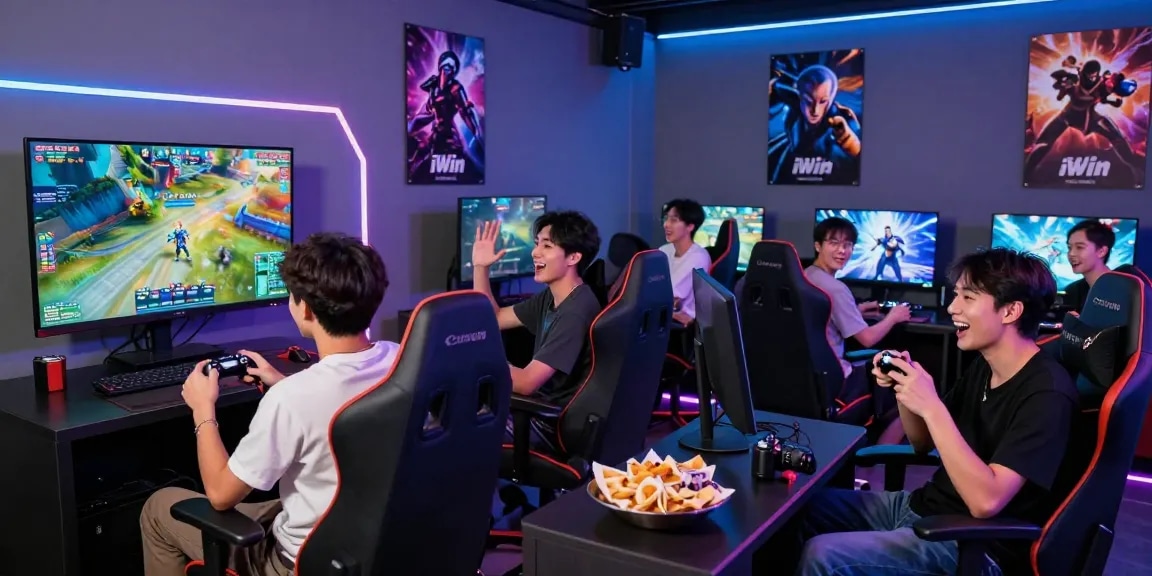 Vibrant gaming scene with friends enjoying iWin multiplayer games in a modern lounge.