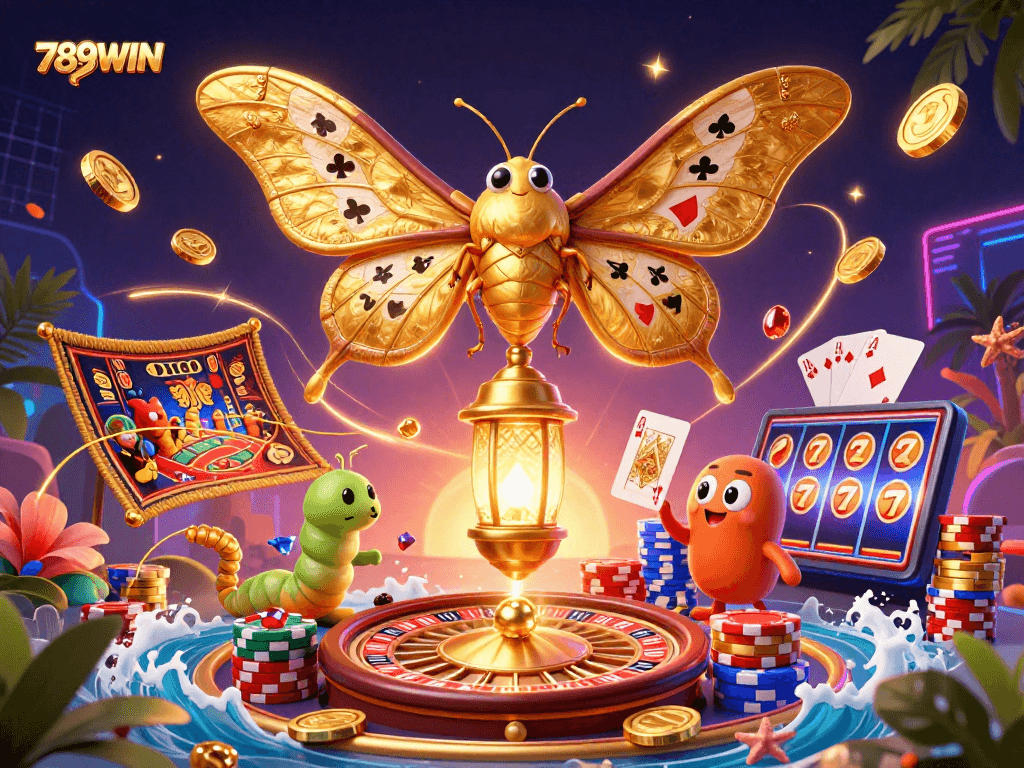 Navigate exciting games at 789WIN while admiring the dazzling casino-themed illustration.