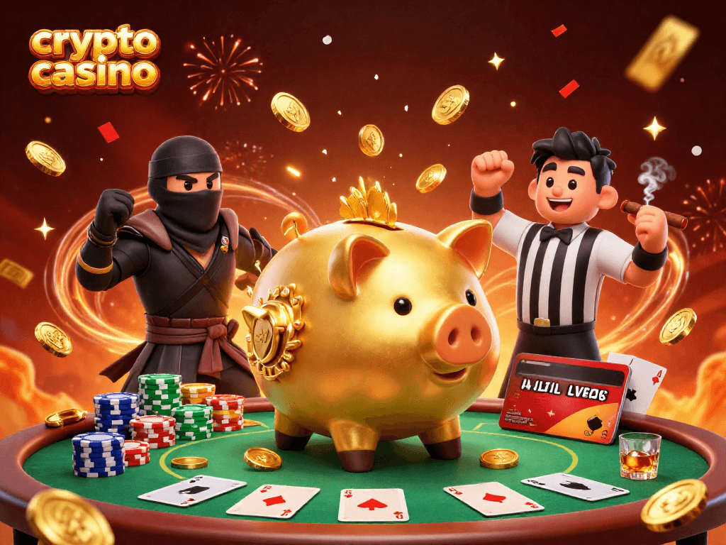 Experience the vibrant actions of a crypto casino with our lively 3D illustration featuring dynamic characters.