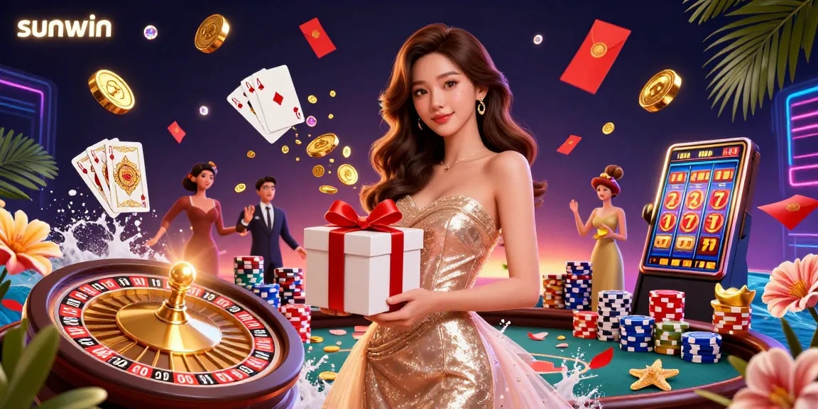 Spin and win with sunwin in a vibrant casino scene filled with festive elements.