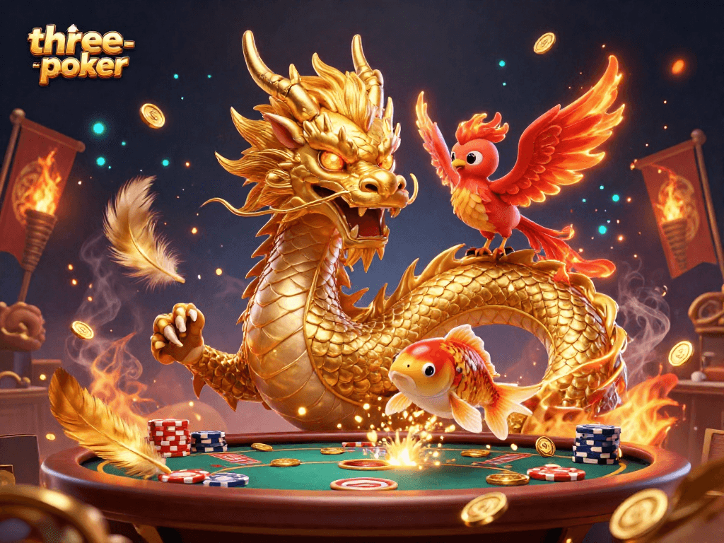 Engage in thrilling three-card-poker action amidst a vibrant 3D illustration of fortune symbols and casino elements.