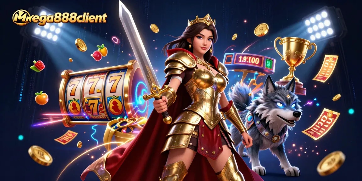 Experience gaming triumphs with mega888client in an immersive slot-filled landscape, showcasing dynamic action and energy.