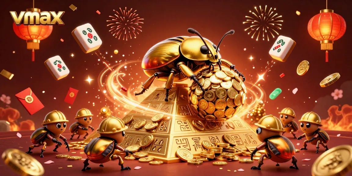 Experience luck with vmax as a golden beetle rolls treasure in a vibrant casino world.