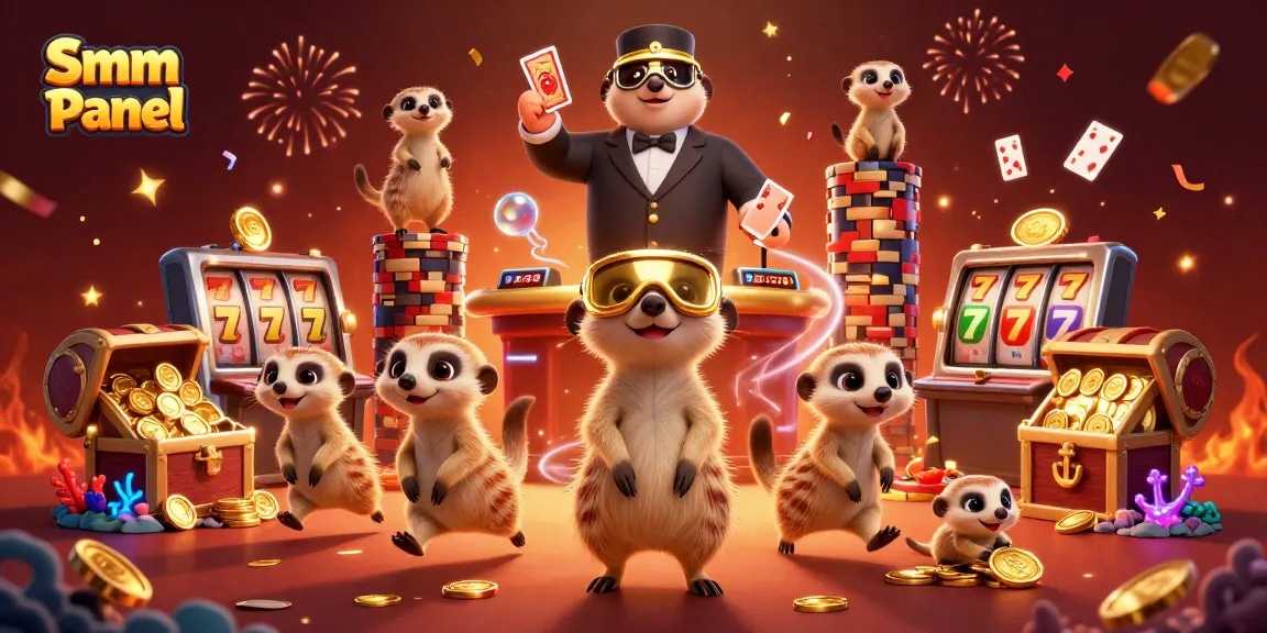 Engage with the lively Smm Panel scene featuring meerkats managing a vibrant casino filled with exciting slot games and treasures.