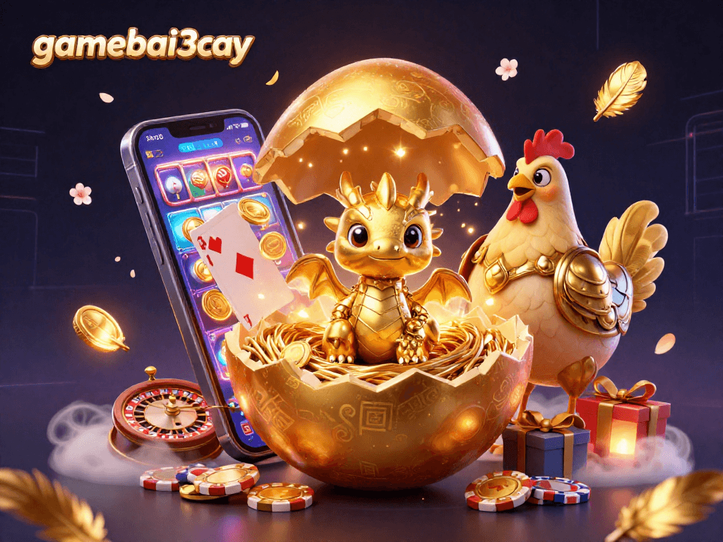 Experience gamebai3cay's thrilling atmosphere with a golden dragon and casino elements.