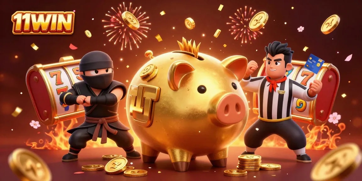 Win big with 11WIN in a vibrant casino scene featuring an enormous golden piggy bank.