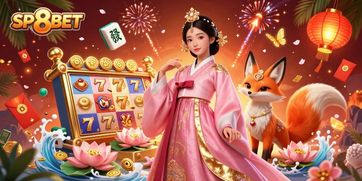 Experience the excitement with SP8BET’s dynamic online casino scene filled with colorful slot reels and lucky symbols.