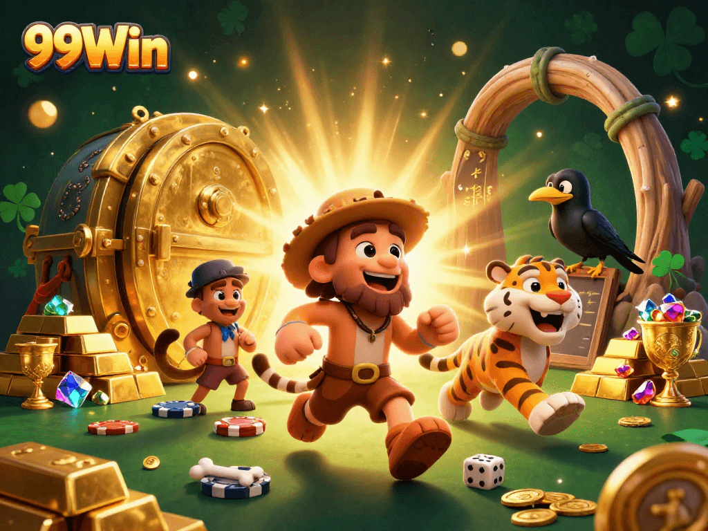 Experience thrilling gaming action at 99Win with prehistoric characters in a vibrant casino setting.