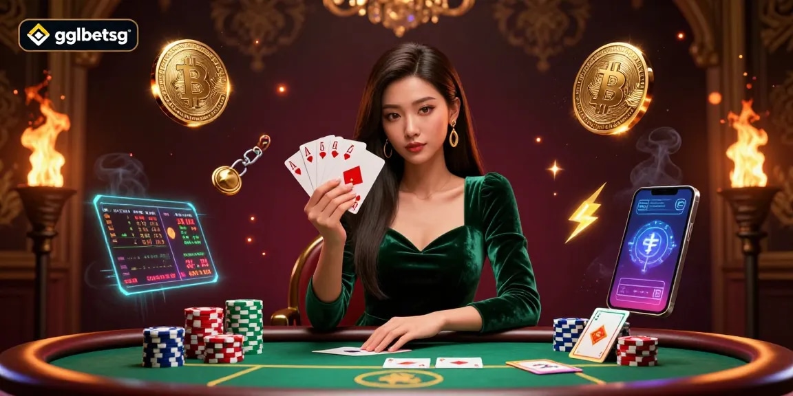 Place bets with gglbetsg at an exciting poker table surrounded by Bitcoin and Ethereum coins.