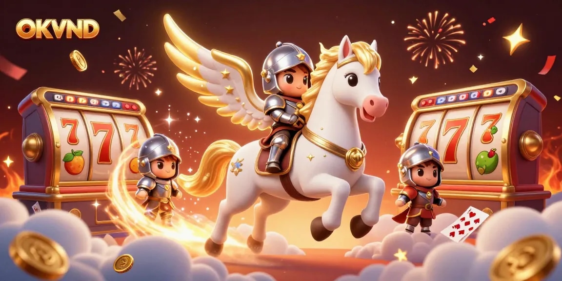 Experience exciting gameplay at OKVND with a vibrant casino scene featuring a celestial horse and thrilling slot elements.