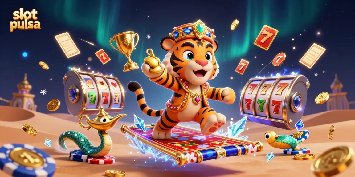 Engage in slot pulsa excitement with our vibrant casino-themed 3D illustration showcasing dynamic gameplay elements.