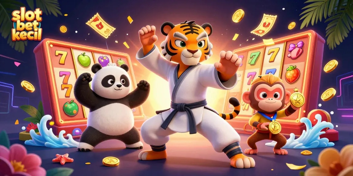 Engage in the thrilling gameplay of slot bet kecil with 3D characters amidst vibrant casino elements.