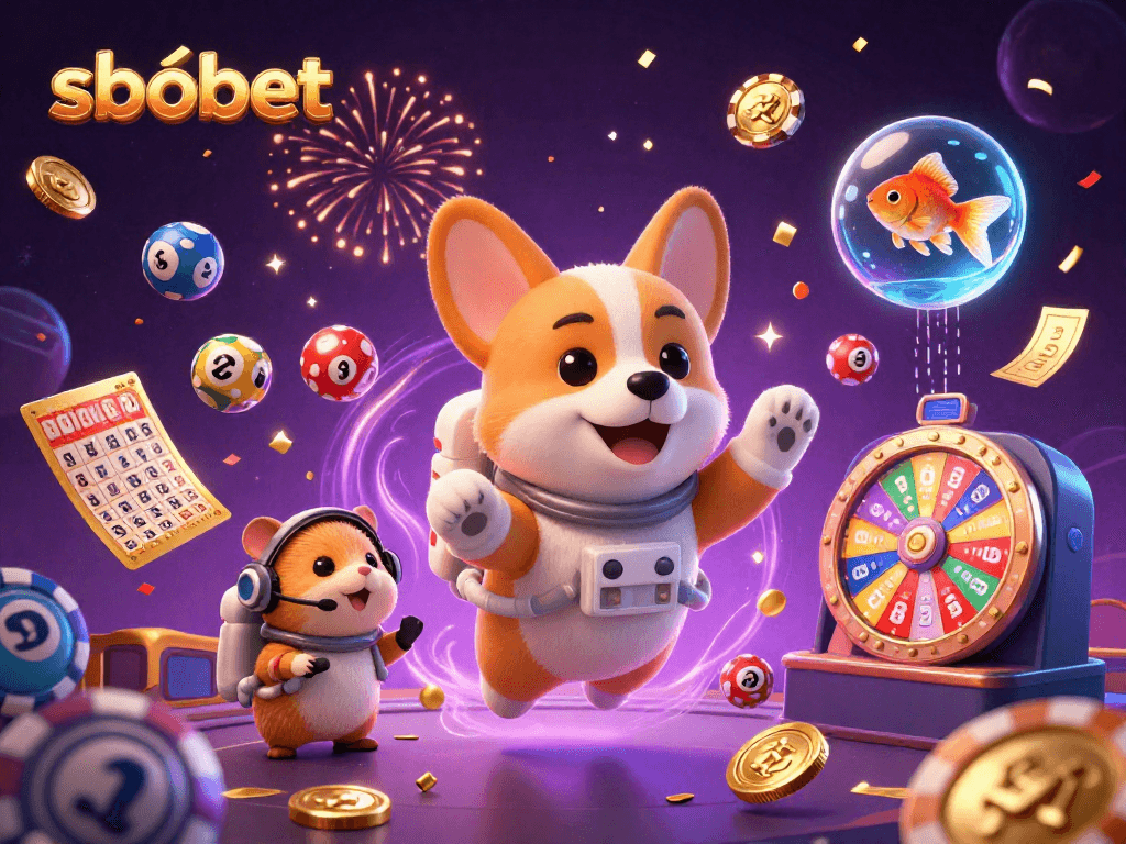Enjoy thrilling sbobet gaming experiences with colorful casino elements floating in a dynamic space scene.
