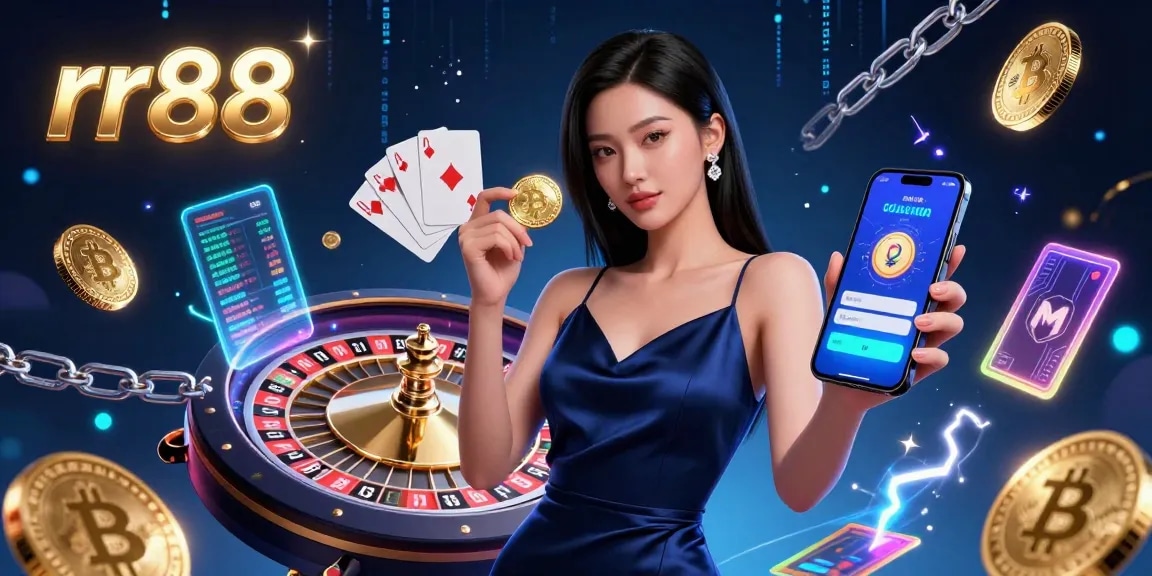 Experience gaming excitement at rr88 with a stunning woman holding a golden chip and smartphone amidst vibrant casino elements.