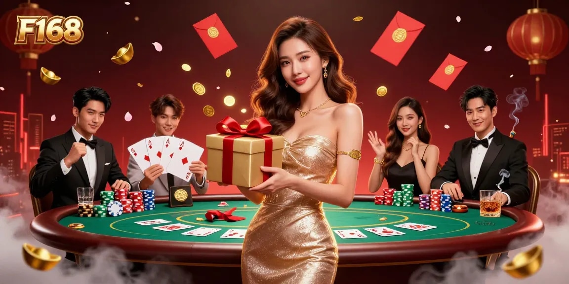 Experience F168 in a vibrant Lunar New Year casino scene with gold coins and poker elements.