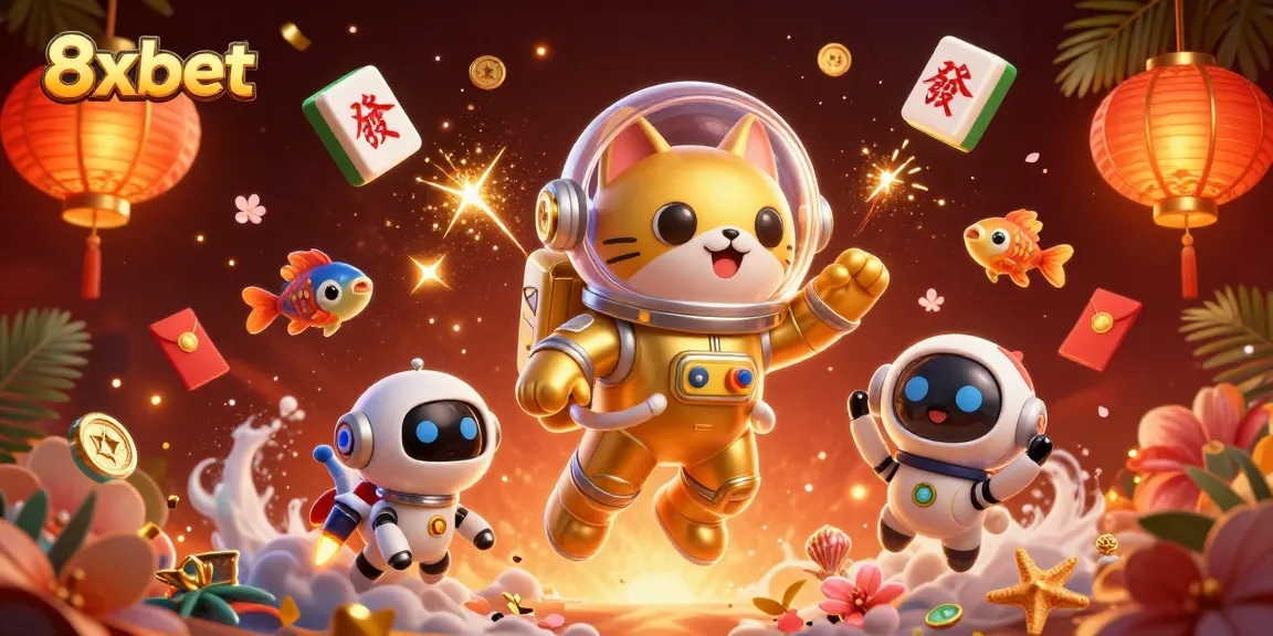 Experience the thrill of 8xbet with a vivid 3D scene depicting an astronaut cat and game elements.