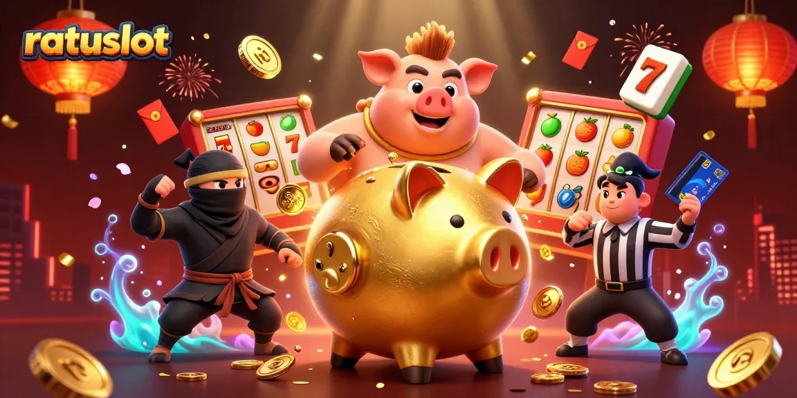 Action-packed illustration of ratuslot featuring a sumo wrestler piggy bank amid dynamic casino elements and glowing decorations.
