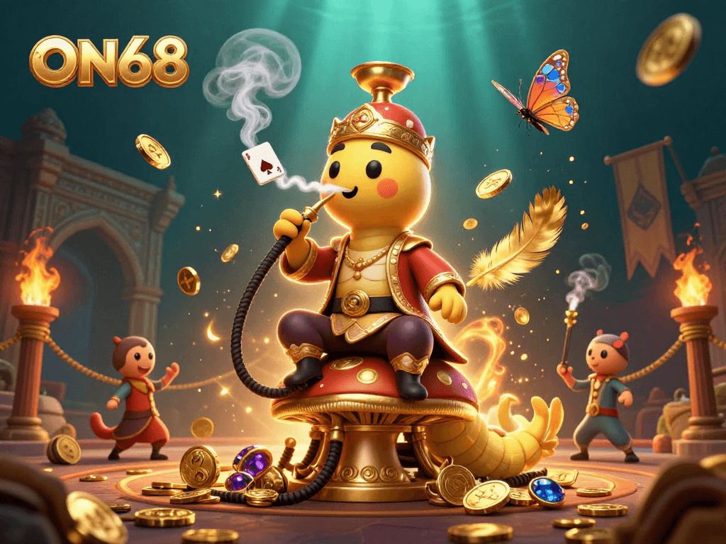 Engage in thrilling gameplay at ON68, featuring vibrant characters and golden casino elements.