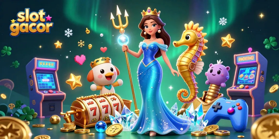Terlibat dengan slot gacor dalam pemandangan bawah air yang cerah menampilkan seorang wanita memegang mutiara dan raja kuda laut di tengah elemen kasino.