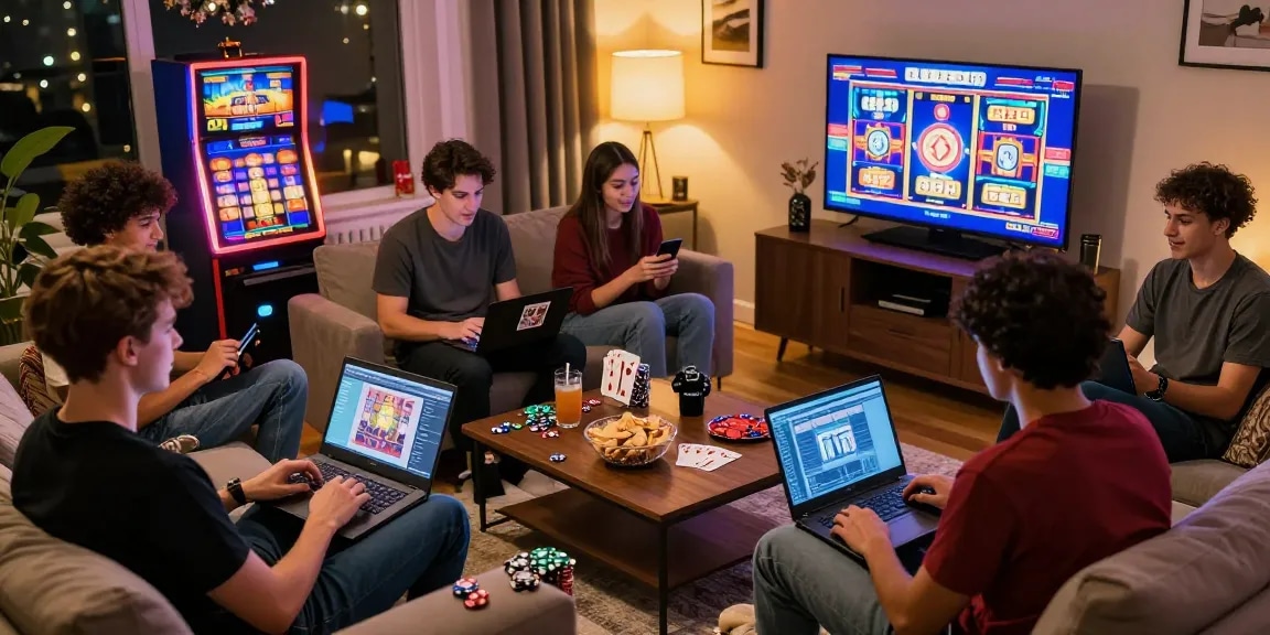 UK players experiencing non UK casinos in a cozy gaming environment with vibrant visuals.