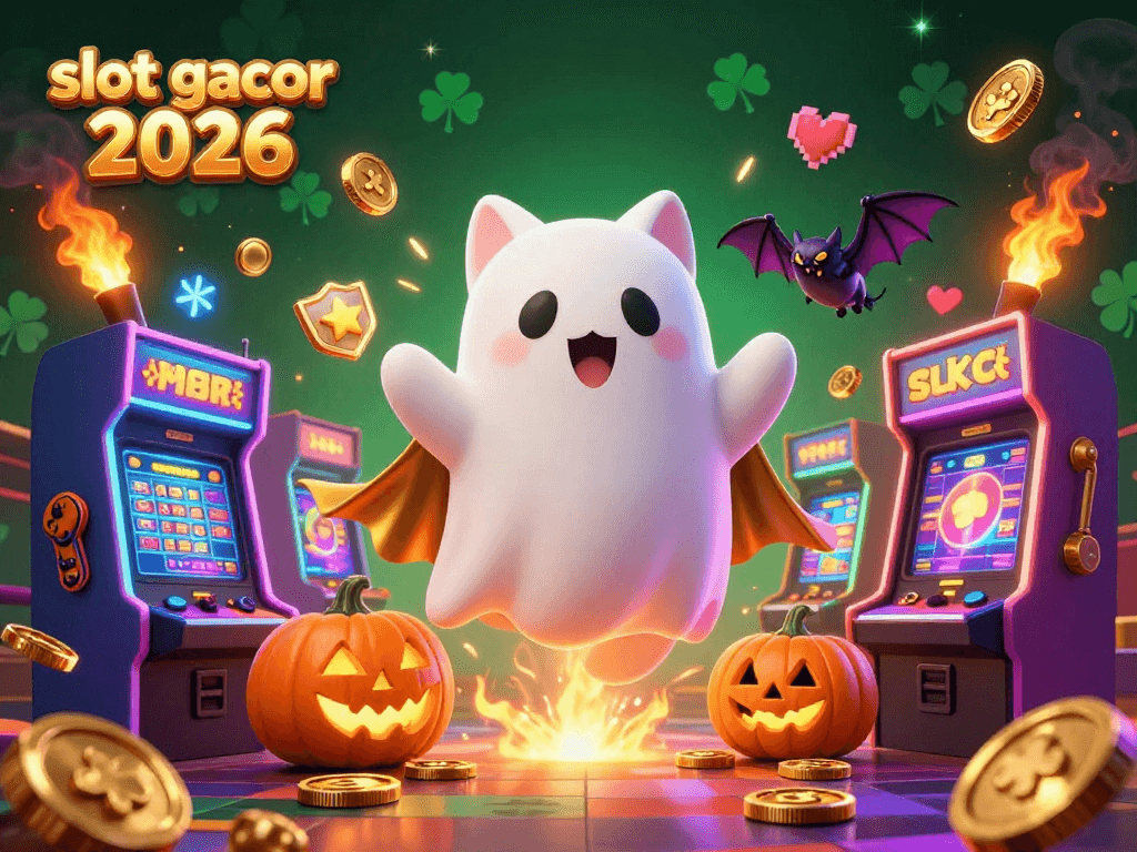 Experience the thrill of slot gacor 2026 with a ghost cat and vampire bat in a lively casino environment.