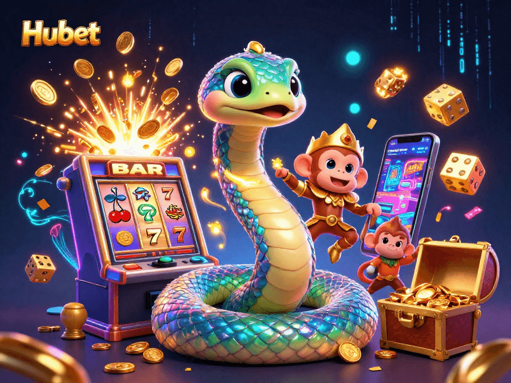 Experience the vibrant world of Hubet with a rainbow serpent and winning slot machine in this captivating illustration.