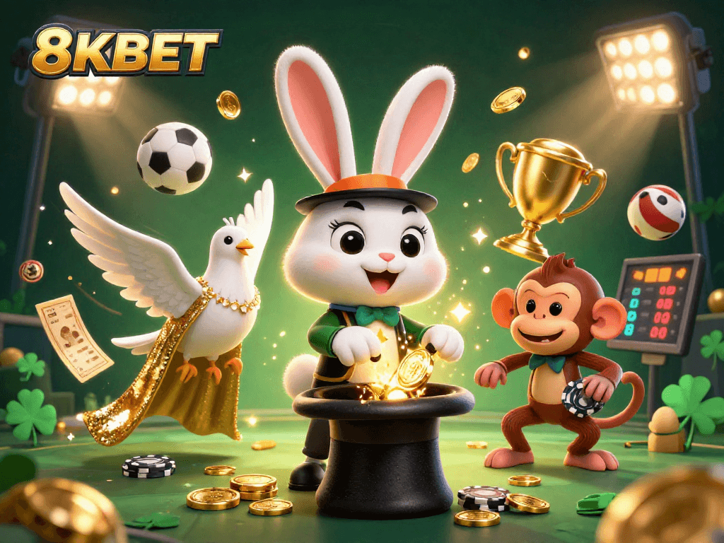 Bet with 8KBET to win big! Cartoon magician reveals golden coins in an exciting casino scene.
