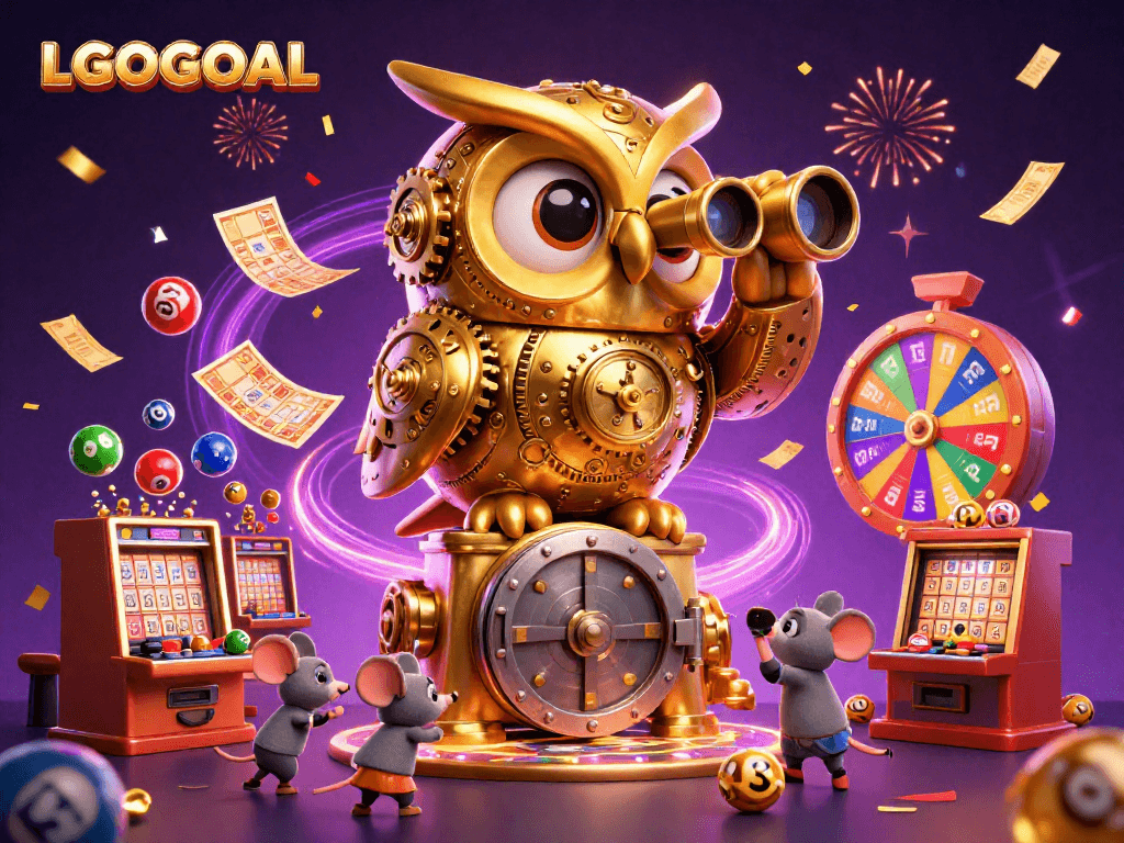 Experience LGOGOAL with a lively illustration featuring dynamic casino elements and characters.