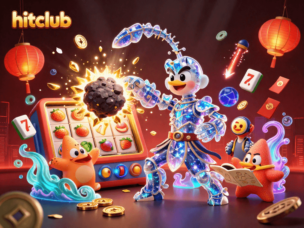 Experience hitclub's dynamic slot action with vibrant characters, golden gems, and festive elements.