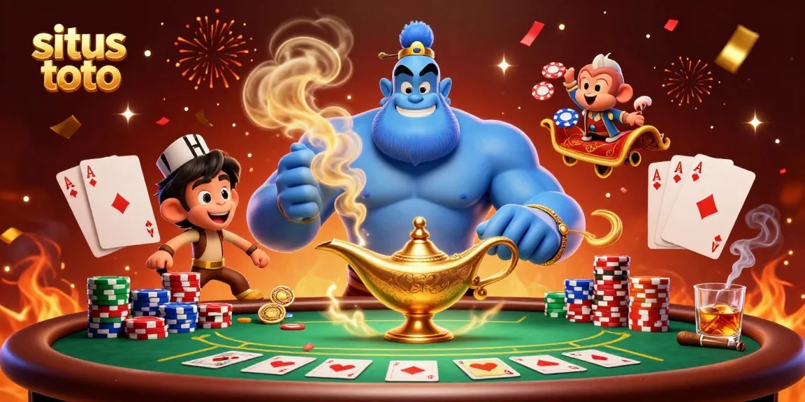 Experience excitement with situs toto playing casino games, surrounded by vibrant poker elements.
