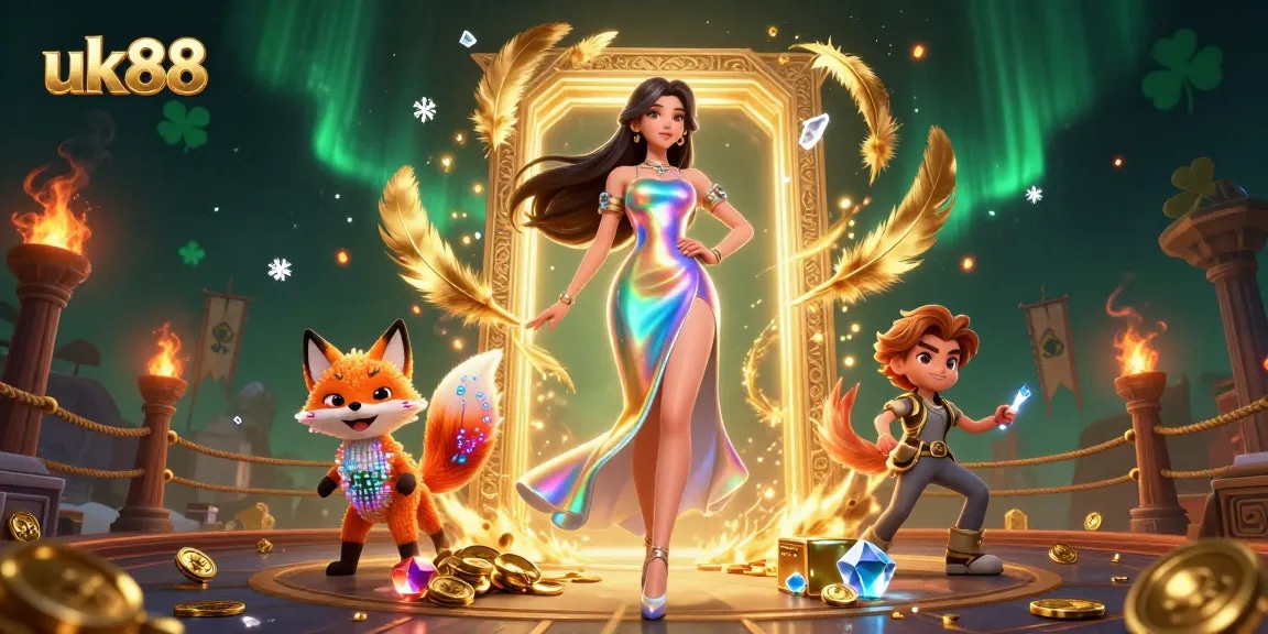 Experience high-stakes gaming with uk88, featuring vibrant characters and casino elements.