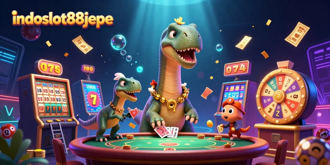 Experience the excitement of indoslot88jepe with a vibrant 3D casino scene featuring unique characters and dynamic game elements.