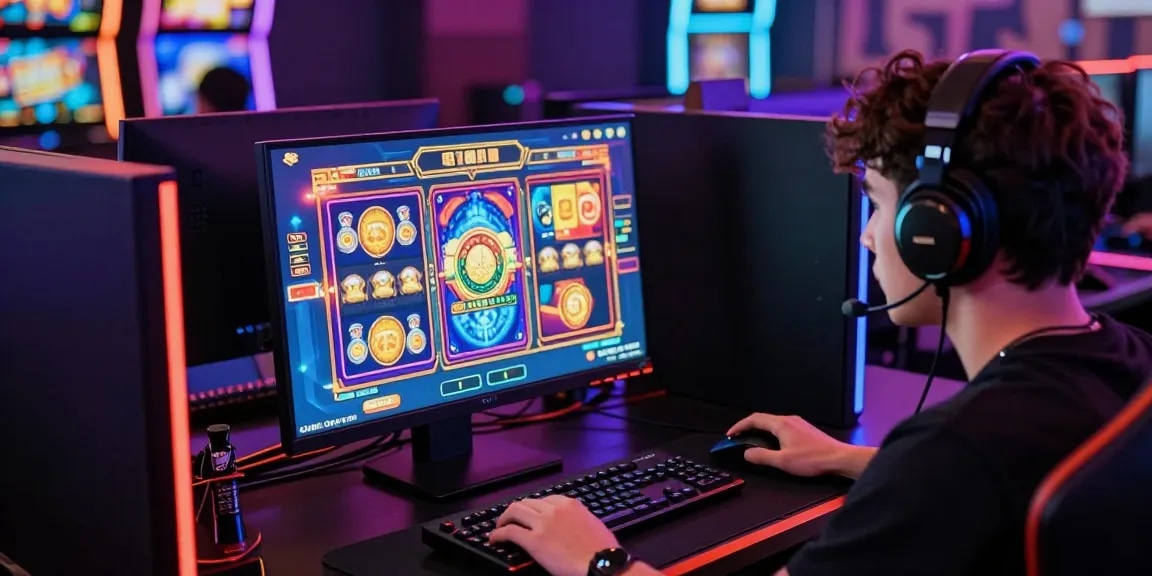 Pengalaman bermain pawangslot yang mendebarkan dengan tampilan slot online, aksesori permainan, dan suasana gaming yang menarik.