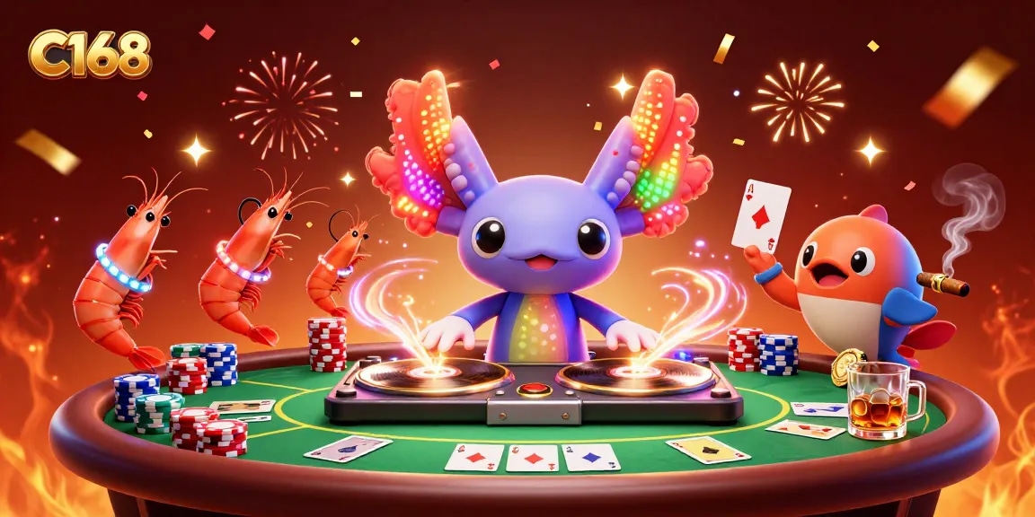 Experience C168 with vibrant casino atmosphere featuring a neon DJ and poker elements.