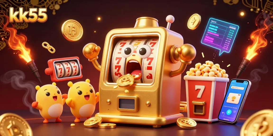 Engage in the kk55 jackpot excitement as a lively golden slot machine celebrates its big win surrounded by cheerful mini slot machines.