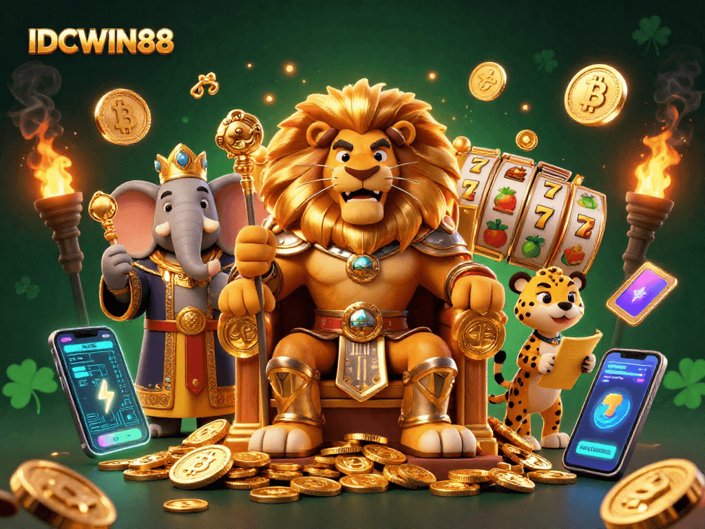 Play slots with great odds at IDCWIN88, featured in an engaging casino-themed illustration.
