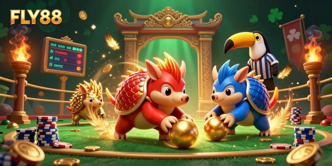 FLY88's thrilling pangolin showdown depicted with vibrant casino elements and dynamic action.