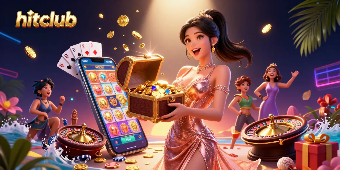 Win big at hitclub with a joyful woman celebrating surrounded by treasures and vibrant casino elements.