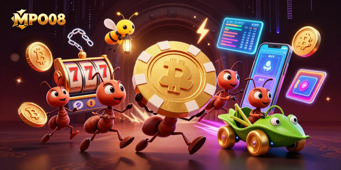 MPO08 showcases ants in a thrilling heist with golden poker chip while surrounded by vibrant casino elements.