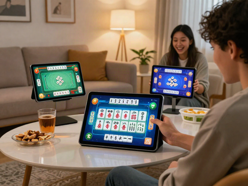 Permainan slot Mahjong di tablet oleh pemain dengan grafik cerah di ruang tamu modern, suasana nyaman dan penuh semangat.