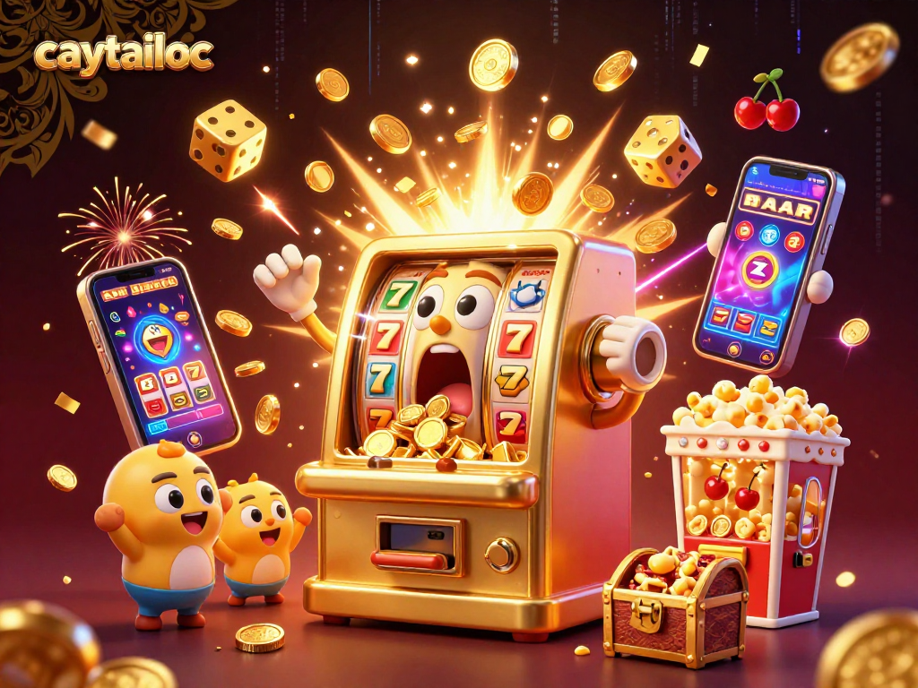 Caytailoc slot machine celebrates a jackpot with coins falling, surrounded by vibrant casino symbols.