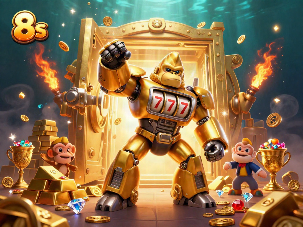 Engaging scene showcasing the dynamic 8s golden gorilla mech and treasures, symbolizing thrilling casino entertainment.
