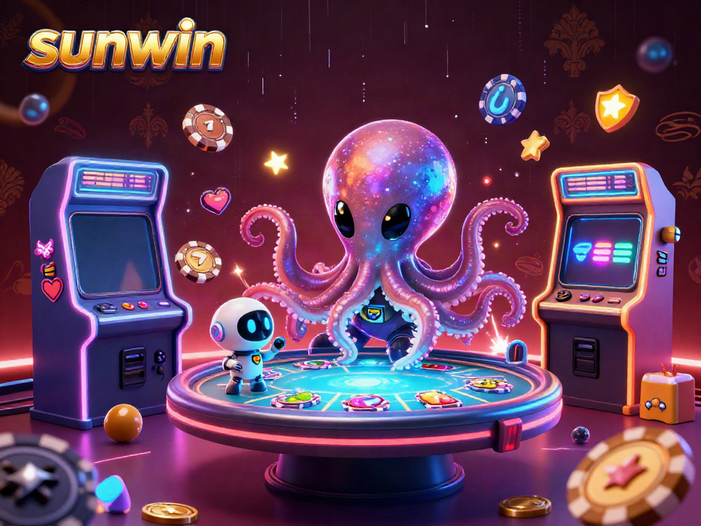 Sunwin alien octopus engaging with a holographic poker table amidst vibrant casino elements