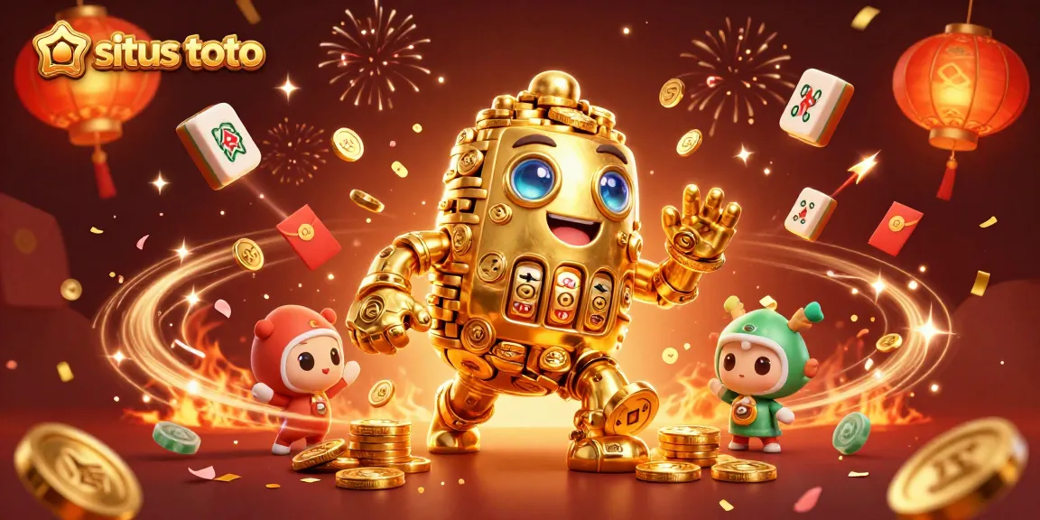 Experience situs toto with an energetic scene featuring a golden golem and festive elements.