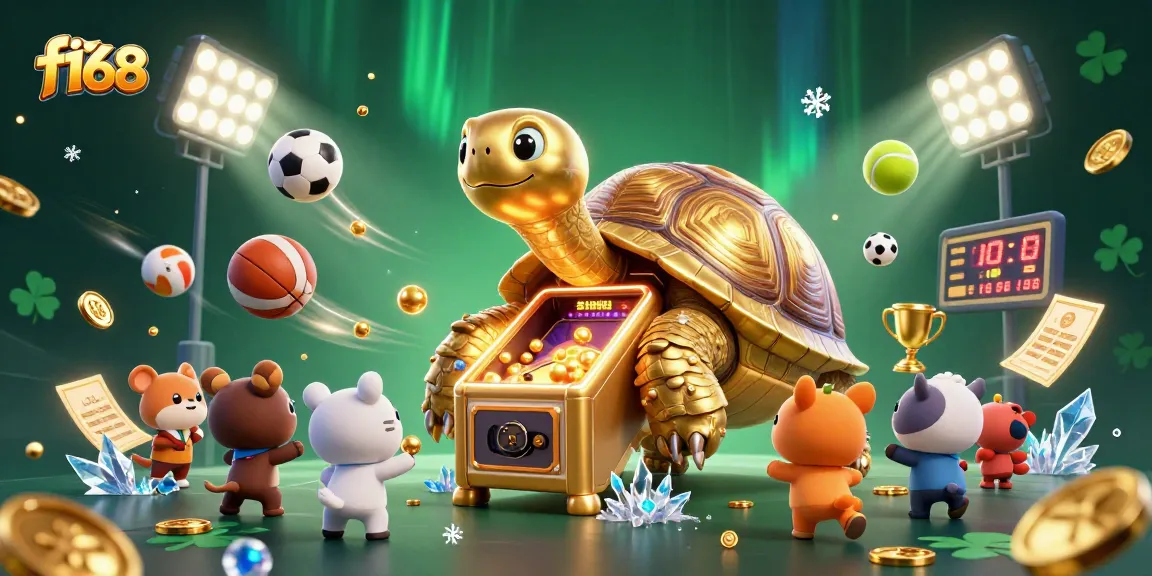Experience exciting games at f168 with golden tortoise and vibrant 3D elements.