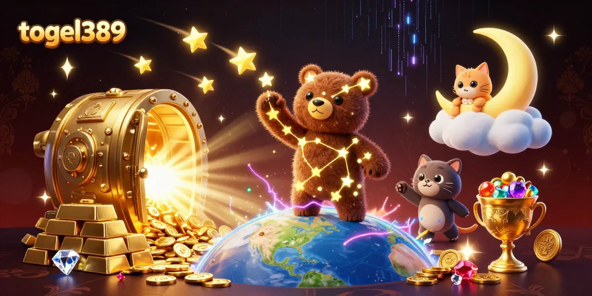 Experience winning moments with togel389 through a vibrant 3D casino illustration featuring lucky characters and jewels.