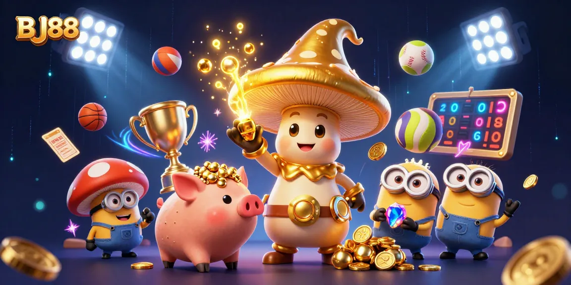 BJ88 sports betting scene with whimsical wizard and treasure sniffer, immersive casino atmosphere