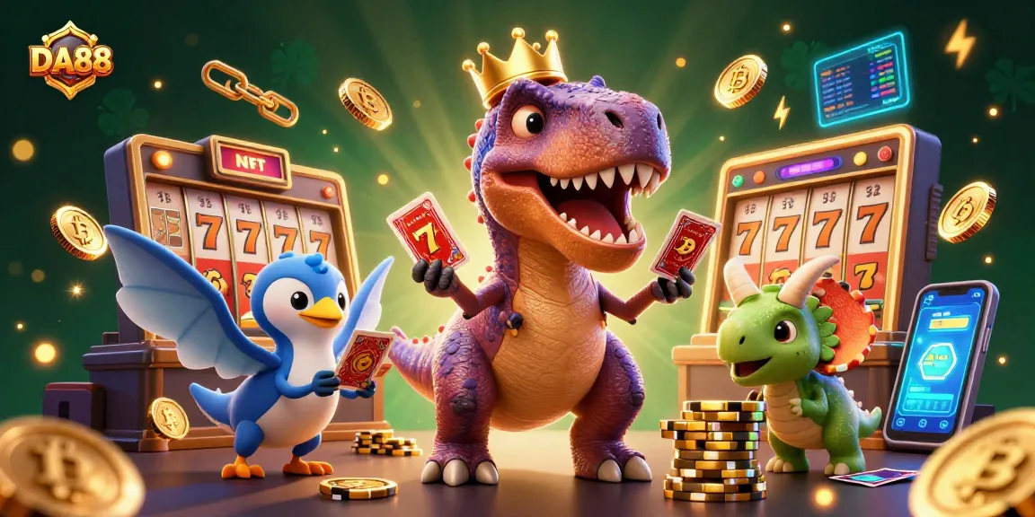 Engage in thrilling gameplay with DA88, featuring animated dinosaurs, vibrant casino elements, and neon crypto coins.